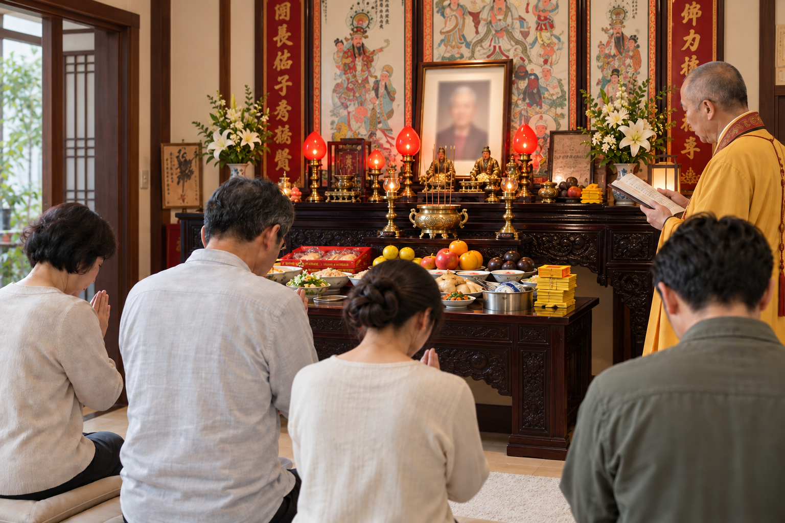 法師於傳統家壇前帶領家屬進行對年祭拜